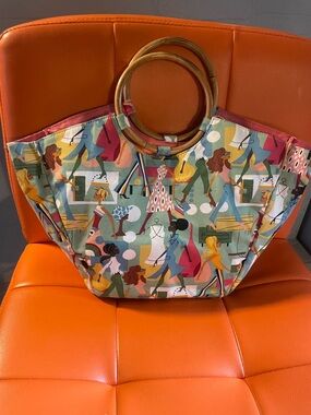 Stylish Multicolor Printed Tote Bag with Wood Ring Handles